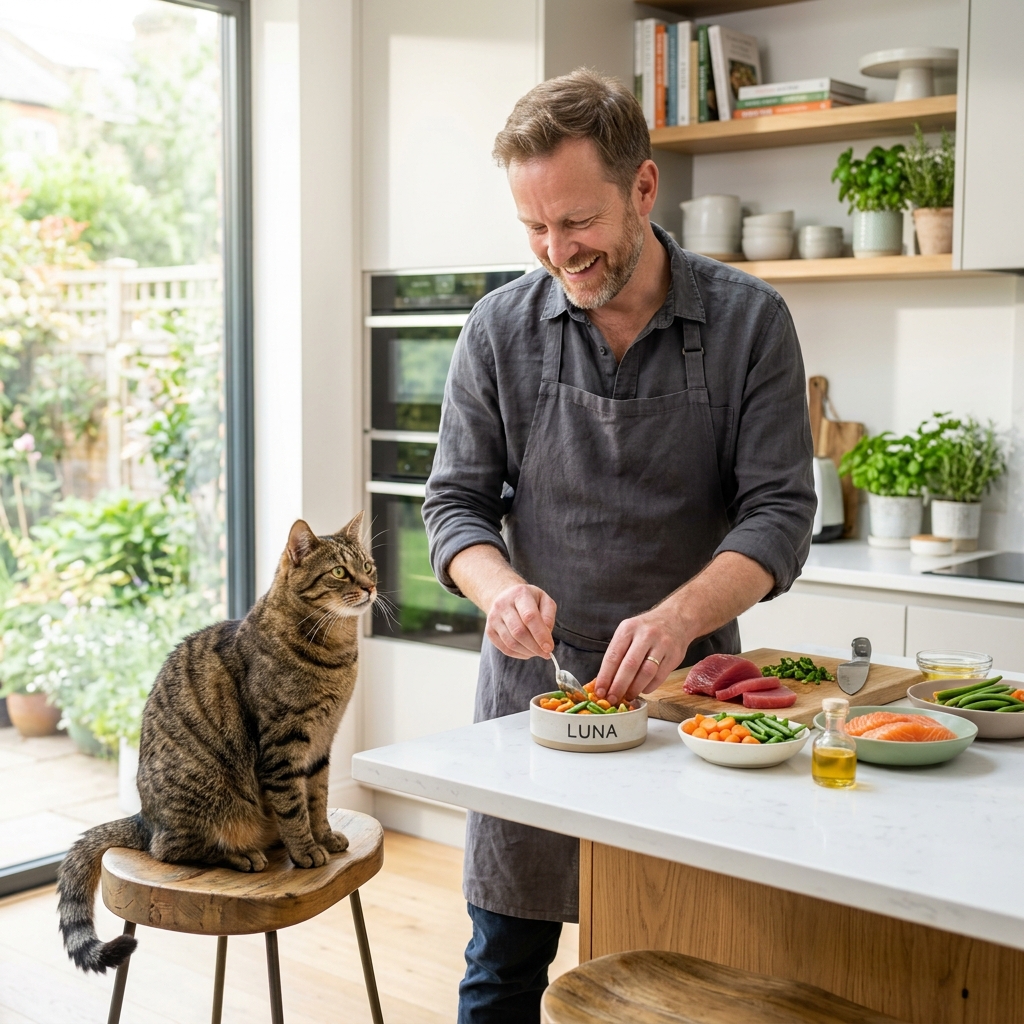 Tutor preparando receitas para gatos